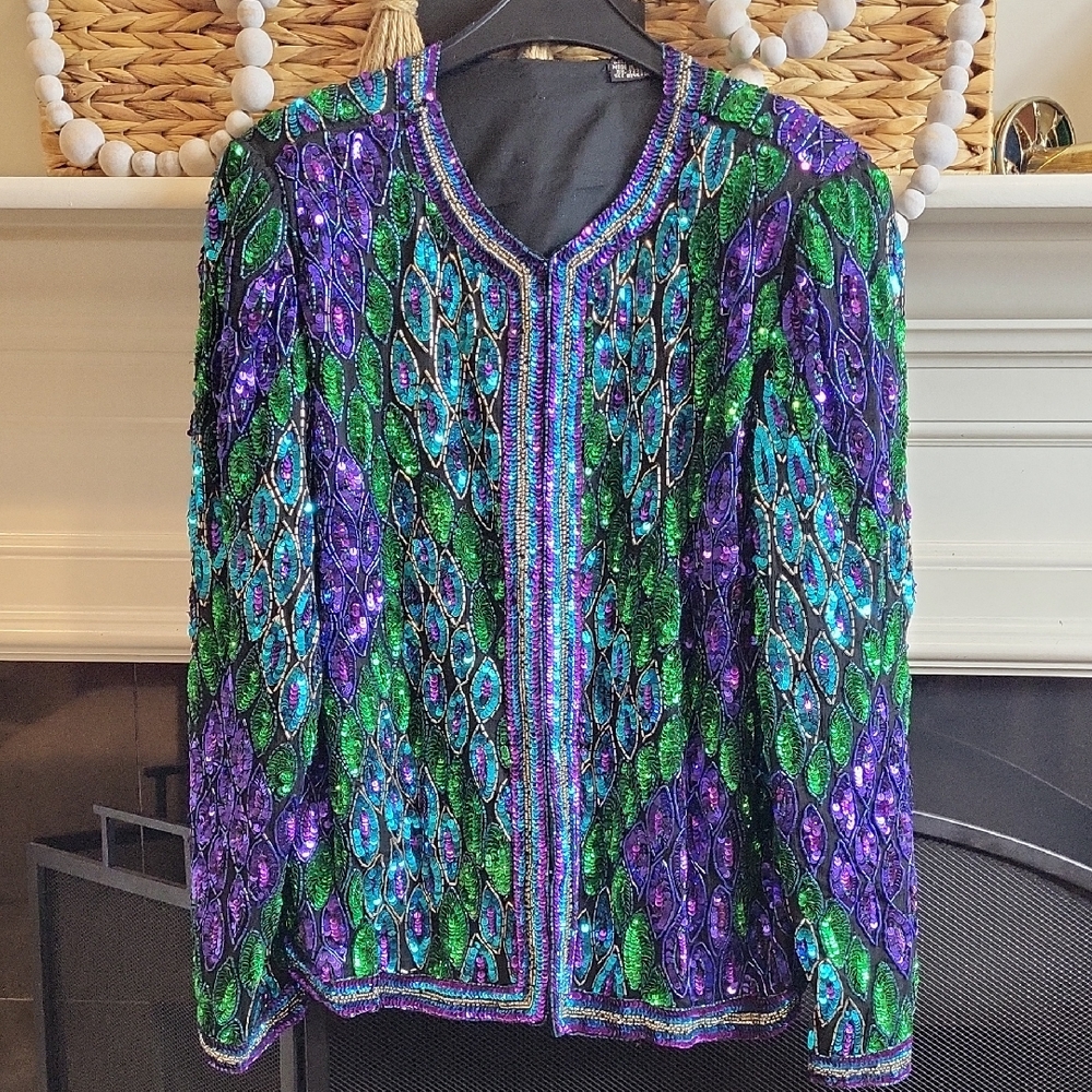 Vintage Laurence Kazar Blue Purple Green 100% Silk Sequin Beaded Jacket. Size M